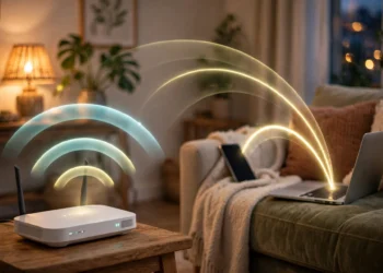 A home Wi-Fi router on a wooden table emitting two glowing signal arcs — a long one reaching a smartphone on an armchair and a shorter brighter one reaching a laptop on a couch — illustrating the long-range 2.4 GHz and fast 5 GHz Wi-Fi bands