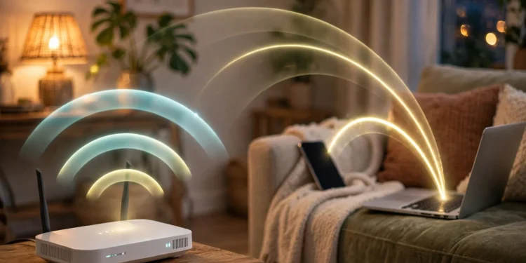 A home Wi-Fi router on a wooden table emitting two glowing signal arcs — a long one reaching a smartphone on an armchair and a shorter brighter one reaching a laptop on a couch — illustrating the long-range 2.4 GHz and fast 5 GHz Wi-Fi bands