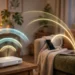 A home Wi-Fi router on a wooden table emitting two glowing signal arcs — a long one reaching a smartphone on an armchair and a shorter brighter one reaching a laptop on a couch — illustrating the long-range 2.4 GHz and fast 5 GHz Wi-Fi bands