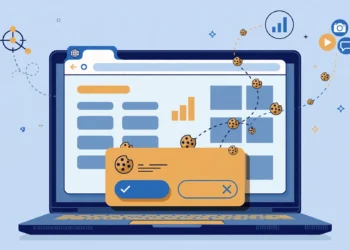 Illustration of a web browser window with a cookie consent banner, small cookies drifting along dotted trails toward icons for ad networks, analytics charts and social media services