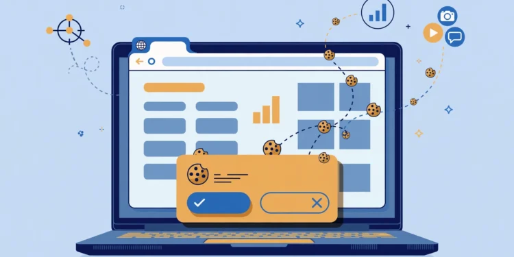 Illustration of a web browser window with a cookie consent banner, small cookies drifting along dotted trails toward icons for ad networks, analytics charts and social media services