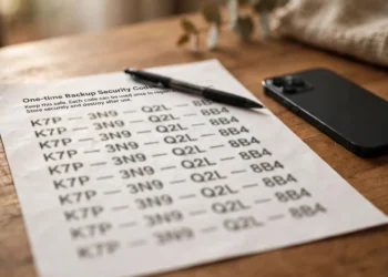 A printed page of account backup codes stored safely next to a phone