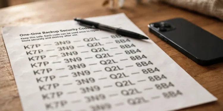 A printed page of account backup codes stored safely next to a phone