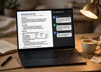 Laptop on a desk showing an AI-generated research report with summary, comparison table and footnotes beside a chat window