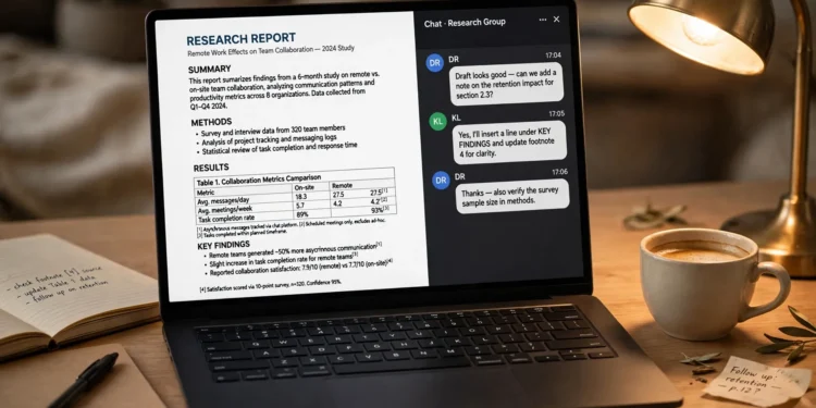Laptop on a desk showing an AI-generated research report with summary, comparison table and footnotes beside a chat window