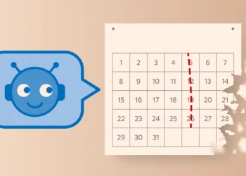 Illustration of a friendly blue chatbot face in a chat bubble next to a wall calendar, with a red dashed line marking a cutoff date and calendar pages tearing away beyond it