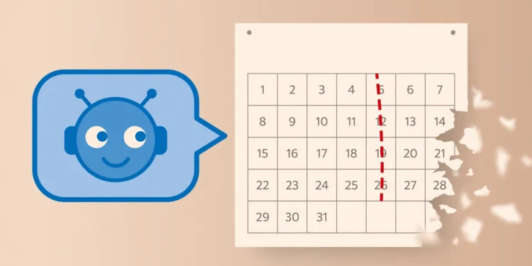 Illustration of a friendly blue chatbot face in a chat bubble next to a wall calendar, with a red dashed line marking a cutoff date and calendar pages tearing away beyond it