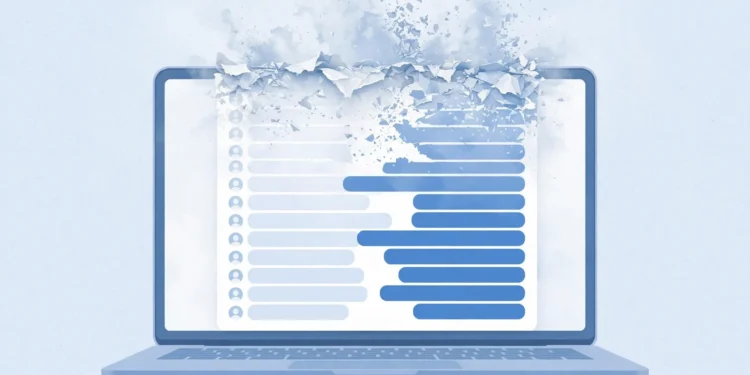 Illustration of a chatbot conversation on a laptop screen with the older messages at the top fading and crumbling away