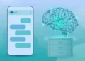Illustration of a smartphone showing an AI chat conversation beside a glowing brain-shaped network of nodes over a filing drawer, symbolising how chatbots remember
