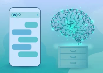 Illustration of a smartphone showing an AI chat conversation beside a glowing brain-shaped network of nodes over a filing drawer, symbolising how chatbots remember