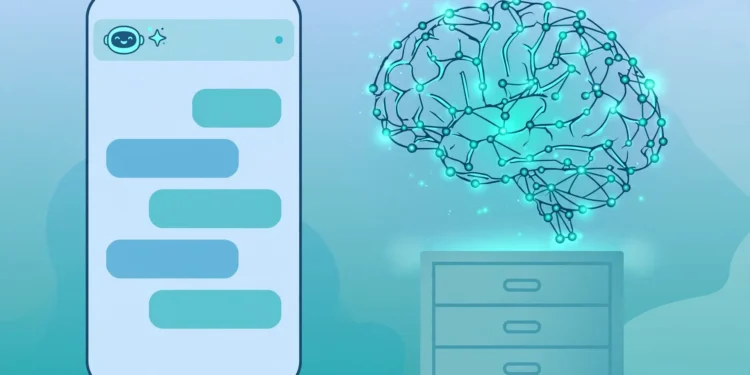 Illustration of a smartphone showing an AI chat conversation beside a glowing brain-shaped network of nodes over a filing drawer, symbolising how chatbots remember