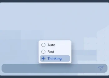 Illustration of an AI chatbot's model picker menu with Auto, Fast and Thinking options