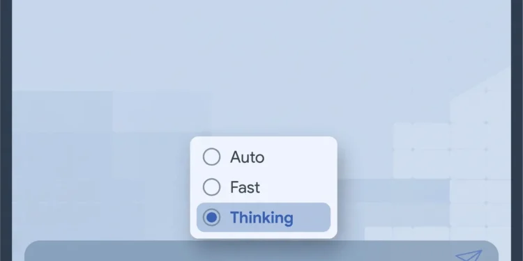 Illustration of an AI chatbot's model picker menu with Auto, Fast and Thinking options