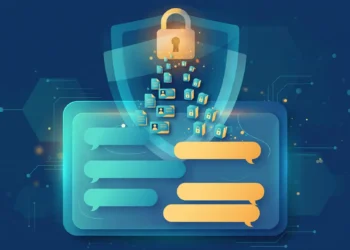 Illustration of an AI chat window with conversation bubbles flowing into document icons gathered under a privacy shield and padlock