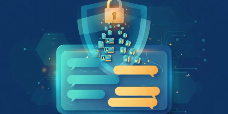 Illustration of an AI chat window with conversation bubbles flowing into document icons gathered under a privacy shield and padlock