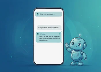 Illustration of a smartphone showing an AI chat where the assistant politely declines a request, beside a friendly robot raising a hand in a gentle stop gesture