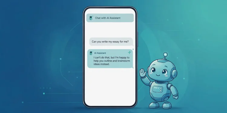 Illustration of a smartphone showing an AI chat where the assistant politely declines a request, beside a friendly robot raising a hand in a gentle stop gesture