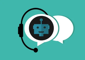 Illustration of a friendly blue chatbot robot face inside a chat bubble wearing a headset — representing AI chatbots that agree with users too quickly.