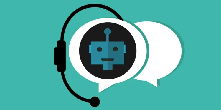 Illustration of a friendly blue chatbot robot face inside a chat bubble wearing a headset — representing AI chatbots that agree with users too quickly.