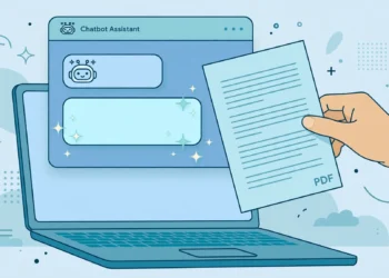 Illustration of a hand placing a PDF document into a friendly AI chatbot chat window on a laptop screen