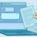 Illustration of a hand placing a PDF document into a friendly AI chatbot chat window on a laptop screen