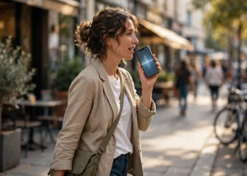 A woman walking on a city street, speaking into her smartphone — the screen shows a voice waveform, illustrating voice mode in an AI chatbot app.