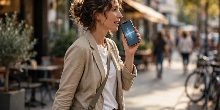 A woman walking on a city street, speaking into her smartphone — the screen shows a voice waveform, illustrating voice mode in an AI chatbot app.