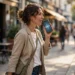 A woman walking on a city street, speaking into her smartphone — the screen shows a voice waveform, illustrating voice mode in an AI chatbot app.