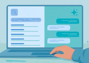 Illustration of a laptop showing a search engine results page on one half of the screen and an AI chatbot conversation on the other half