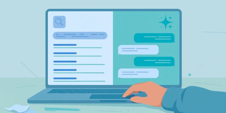 Illustration of a laptop showing a search engine results page on one half of the screen and an AI chatbot conversation on the other half