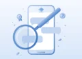 Illustration of a smartphone showing an AI chat conversation with a magnifying glass examining the answers, symbolising fact-checking