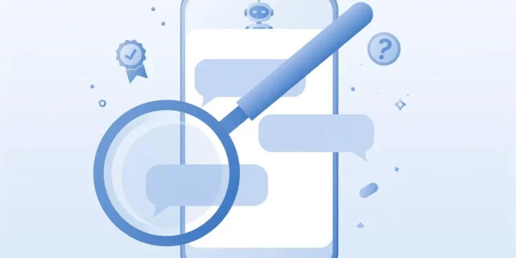 Illustration of a smartphone showing an AI chat conversation with a magnifying glass examining the answers, symbolising fact-checking