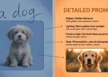 Editorial illustration comparing a vague prompt and blurry AI dog image on the left with a detailed descriptive prompt and a crisp photorealistic golden retriever portrait on the right