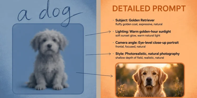 Editorial illustration comparing a vague prompt and blurry AI dog image on the left with a detailed descriptive prompt and a crisp photorealistic golden retriever portrait on the right