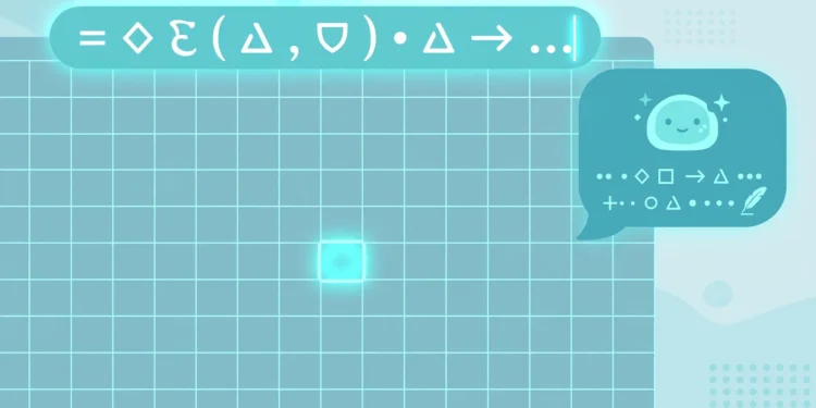 Illustration of a spreadsheet grid with a glowing formula bar and a friendly AI chat bubble writing a formula into a highlighted cell