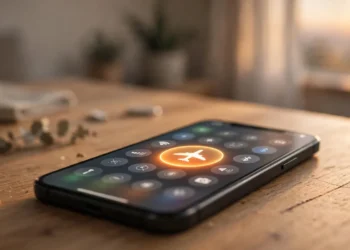 A smartphone on a desk with its control center open and the airplane-mode icon glowing, illustrating the ten-second airplane mode toggle that fixes stuck mobile data