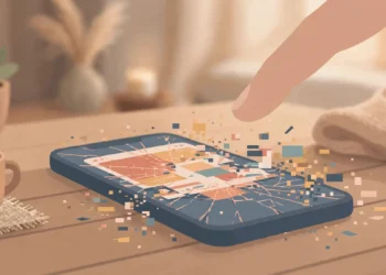 Illustration of a smartphone on a desk with a glitching, cracking app window on its screen while a fingertip hovers to restart it
