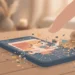 Illustration of a smartphone on a desk with a glitching, cracking app window on its screen while a fingertip hovers to restart it