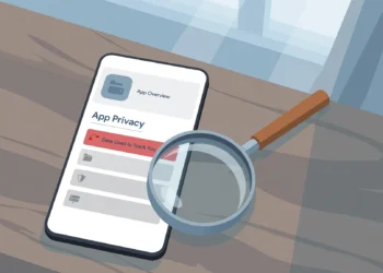 Illustration of a smartphone showing an app listing's App Privacy section with a "Data Used to Track You" row highlighted, a magnifying glass held over it