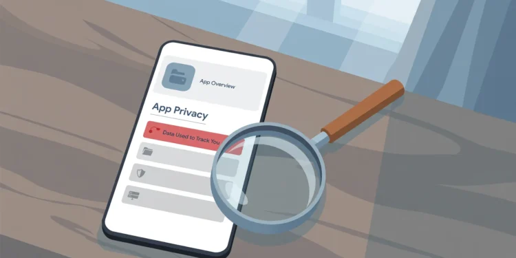 Illustration of a smartphone showing an app listing's App Privacy section with a "Data Used to Track You" row highlighted, a magnifying glass held over it