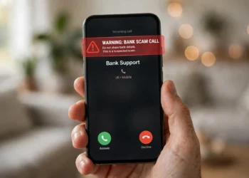 Hand holding a smartphone showing an incoming call labeled Bank Support with a red warning overlay that reads "Warning: Bank Scam Call — Do not share bank details"