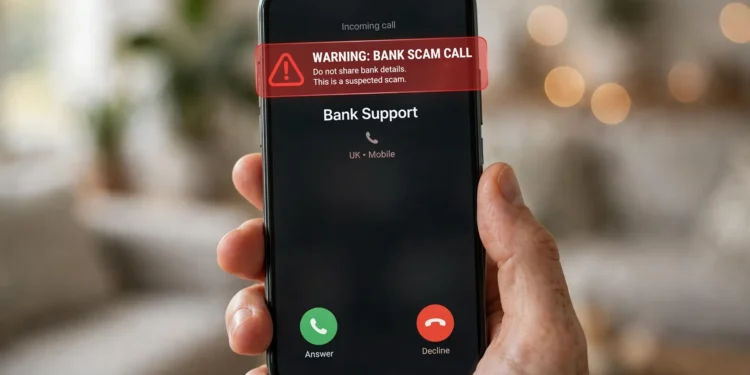 Hand holding a smartphone showing an incoming call labeled Bank Support with a red warning overlay that reads "Warning: Bank Scam Call — Do not share bank details"