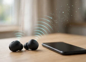 Wireless earbuds on a desk next to a smartphone, with a disrupted signal wave illustrating Bluetooth dropouts