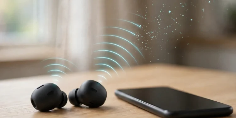 Wireless earbuds on a desk next to a smartphone, with a disrupted signal wave illustrating Bluetooth dropouts
