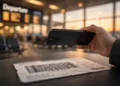 A traveler photographs a boarding pass at an airport departures area, with the blurred departure board glowing behind the phone.