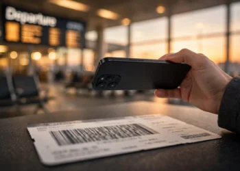 A traveler photographs a boarding pass at an airport departures area, with the blurred departure board glowing behind the phone.