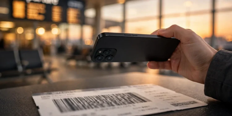 A traveler photographs a boarding pass at an airport departures area, with the blurred departure board glowing behind the phone.