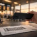 A traveler photographs a boarding pass at an airport departures area, with the blurred departure board glowing behind the phone.