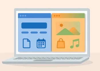 Illustration of a laptop displaying two separate browser windows side by side — a blue work-themed window and a warm orange personal-themed window — representing separate browser profiles