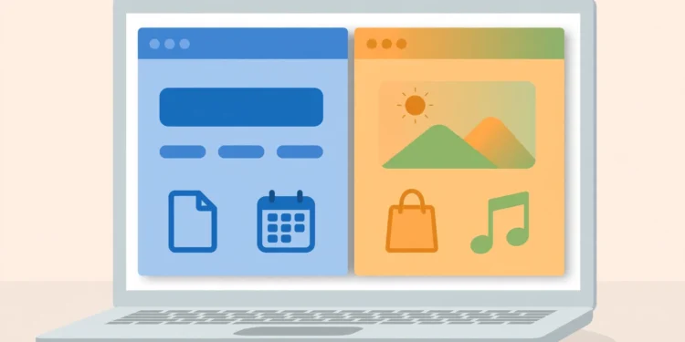 Illustration of a laptop displaying two separate browser windows side by side — a blue work-themed window and a warm orange personal-themed window — representing separate browser profiles